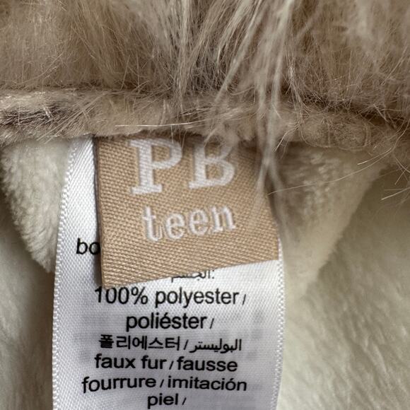Pottery Barn PB Teen Faux Animal Fur Trim Hooded Robe Ombre Ivory Belt Tie EUC - Picture 8 of 12